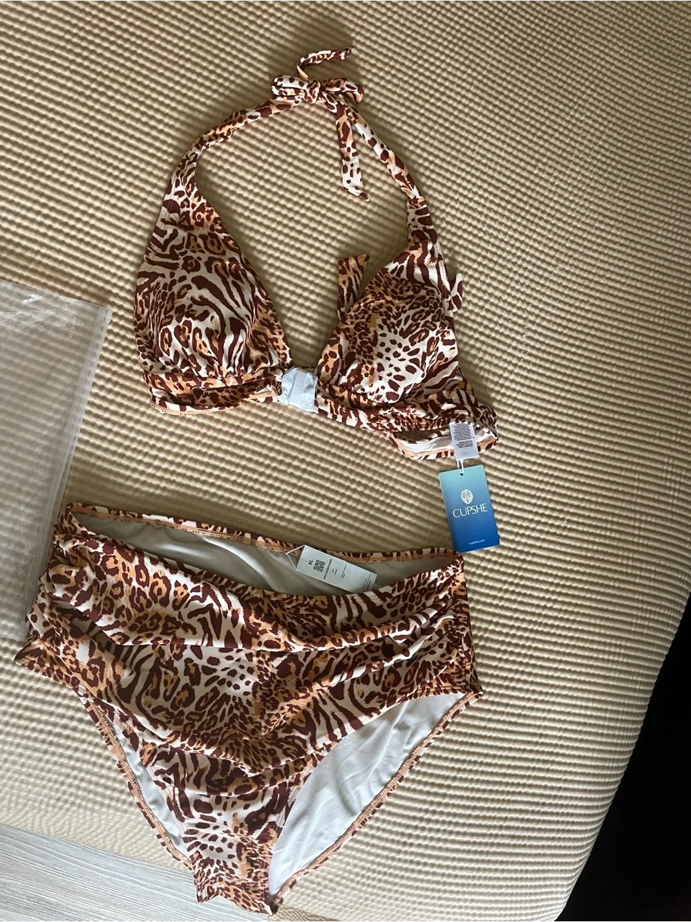 Cupshe Brown and Cream Leopard Print High-Waist Bikini Set